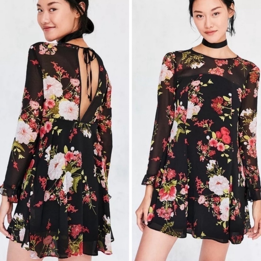 Kimchi Blue Dragonfly sheer black floral yoke mini frock dress long sleeve UO